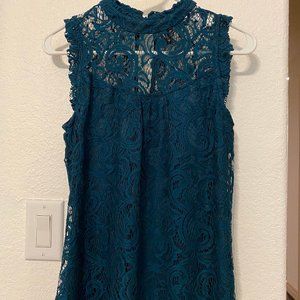 Blue Lace High Neck Sleeveless Blouse
